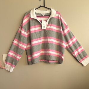 Crown & Ivy Pink and Gray Striped Polo